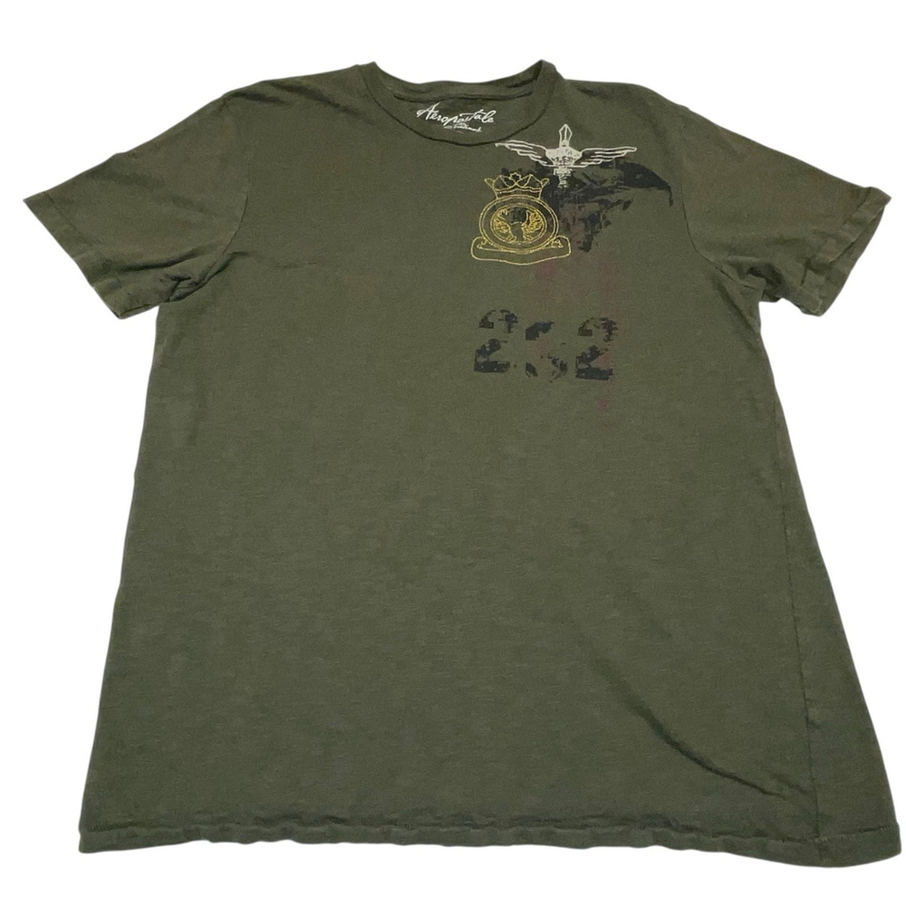Y2K Aeropostale Olive Army Graphic Tee 232 Distressed VTG Skater Streetwear Sz L